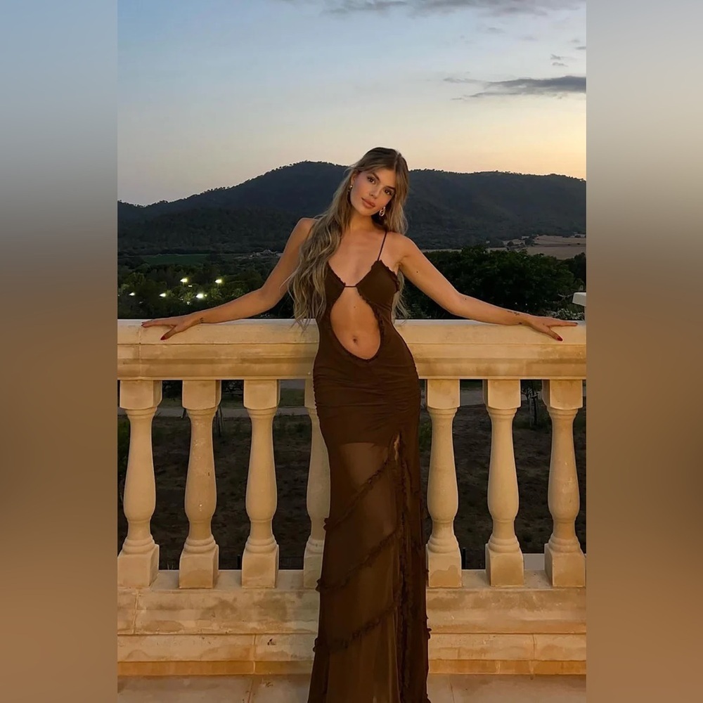 New Sleeveless Cut Out Mesh Maxi Dress in Chocolate Brown Size XS